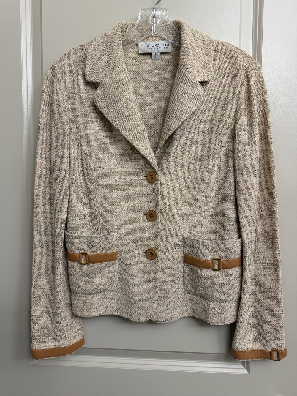 St. John Neutral Knit Blazer with Tan Leather Accents